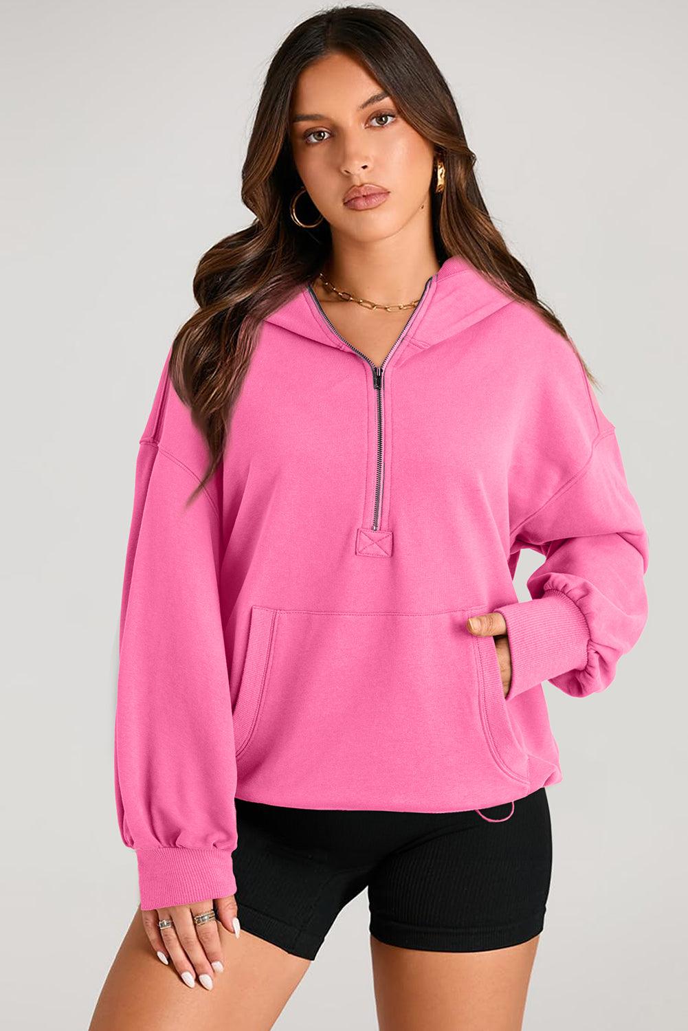 Pocketed Half Zip Long Sleeve Hoodie - Bona Fide Fashion