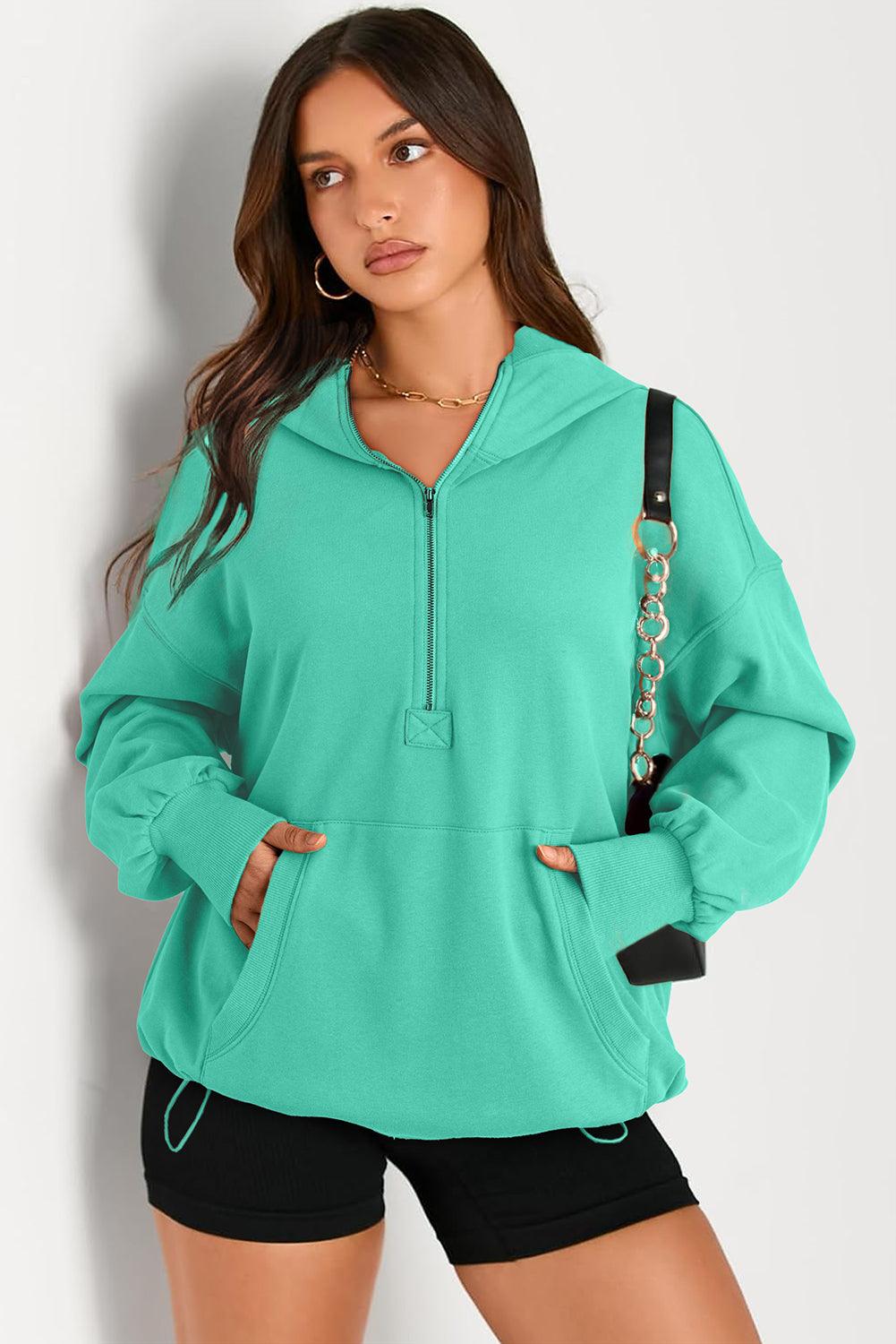 Pocketed Half Zip Long Sleeve Hoodie - Bona Fide Fashion