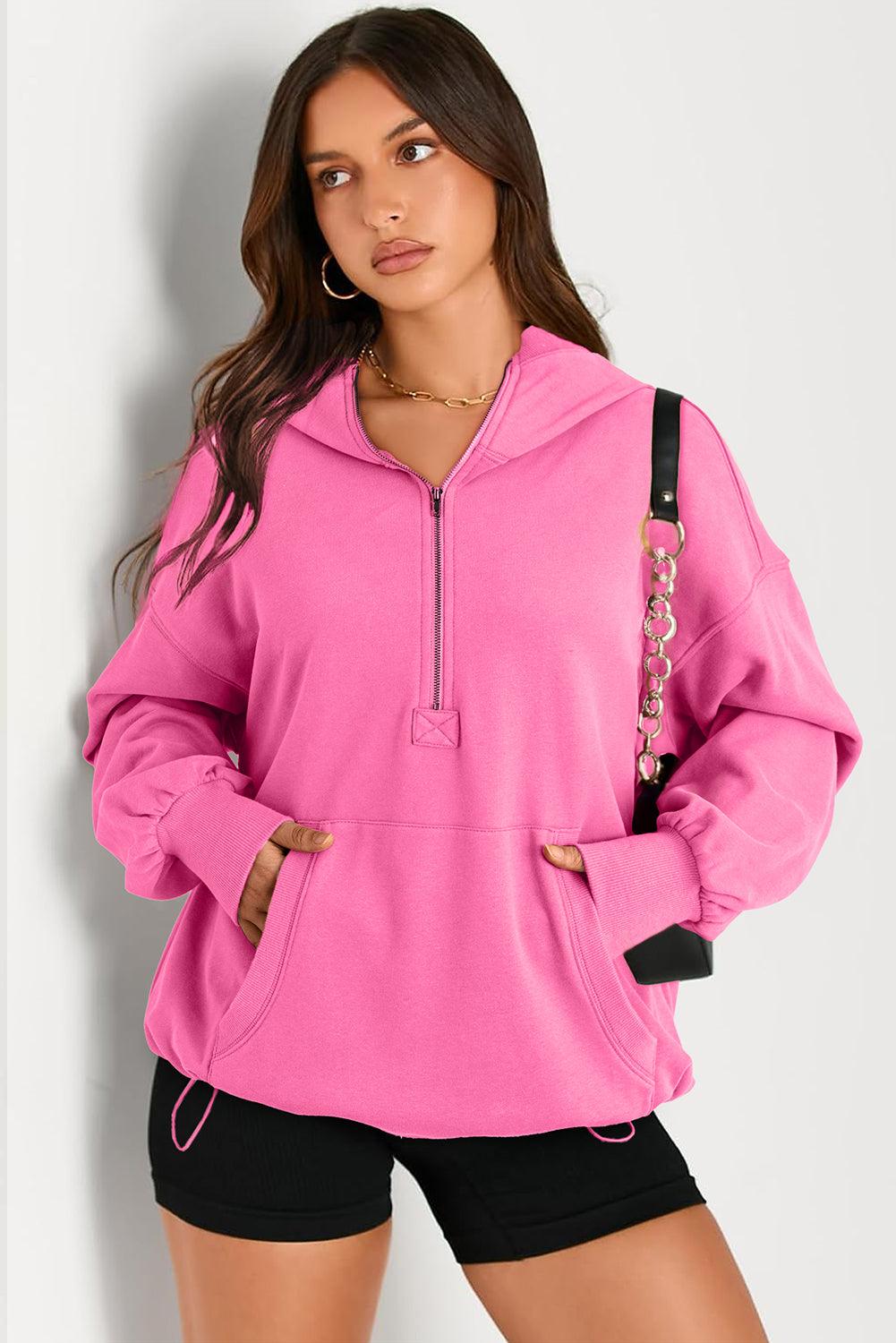 Pocketed Half Zip Long Sleeve Hoodie - Bona Fide Fashion