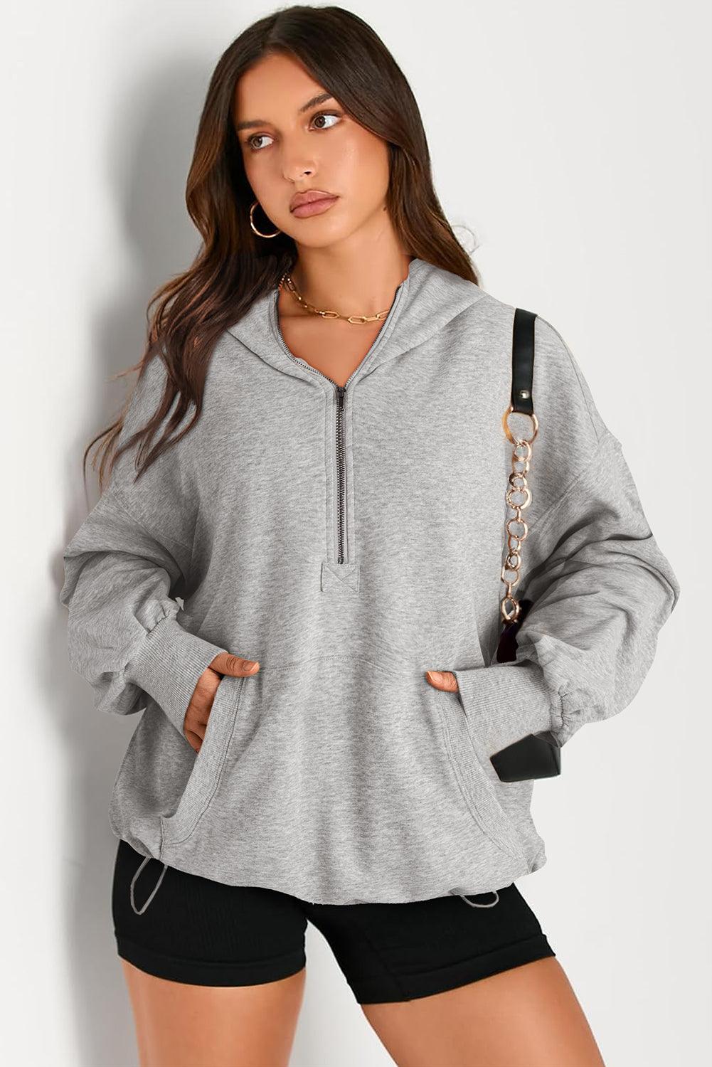 Pocketed Half Zip Long Sleeve Hoodie - Bona Fide Fashion