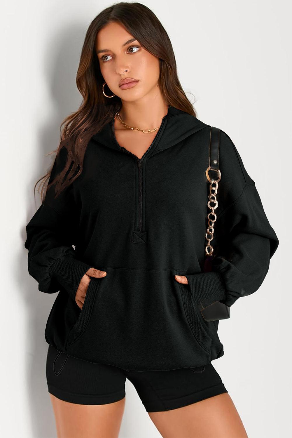 Pocketed Half Zip Long Sleeve Hoodie - Bona Fide Fashion