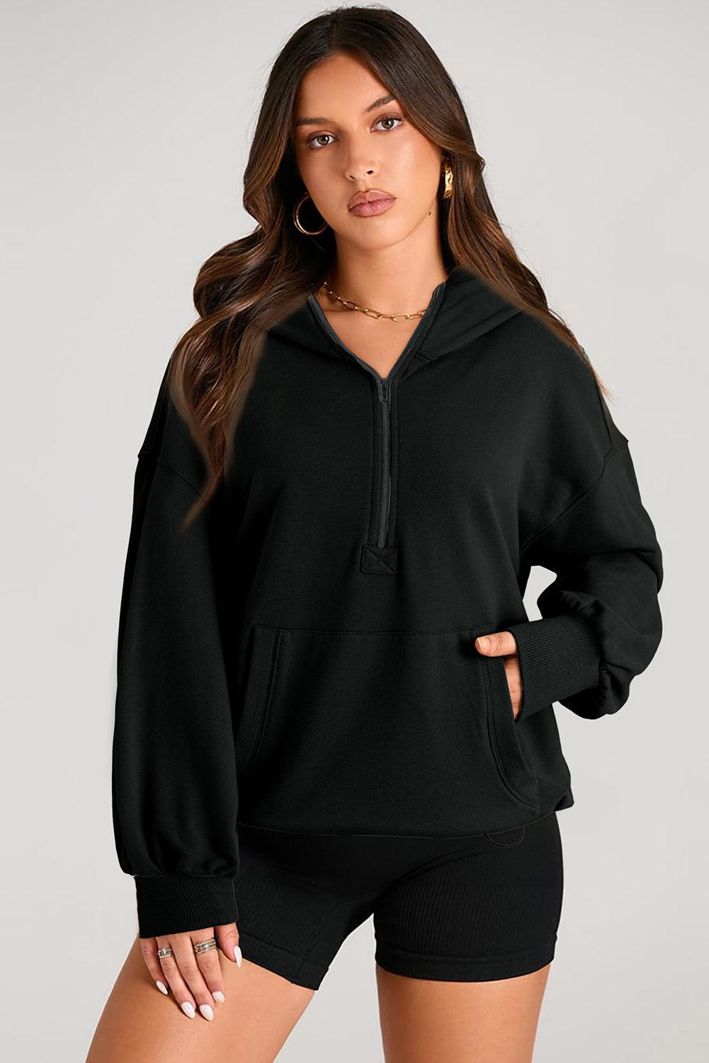 Pocketed Half Zip Long Sleeve Hoodie - Bona Fide Fashion