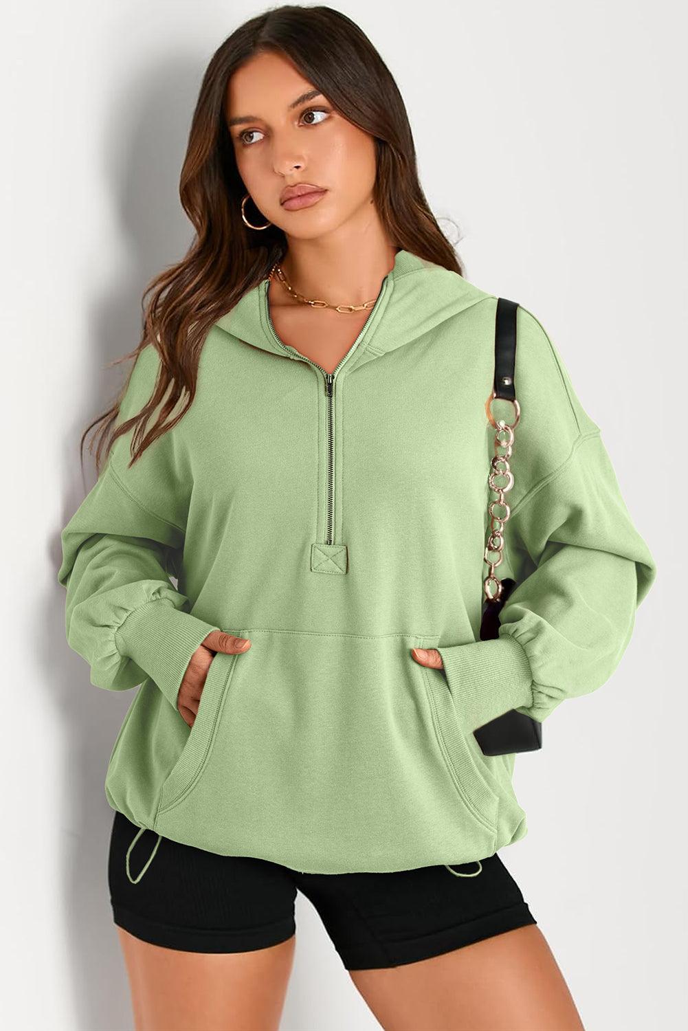 Pocketed Half Zip Long Sleeve Hoodie - Bona Fide Fashion