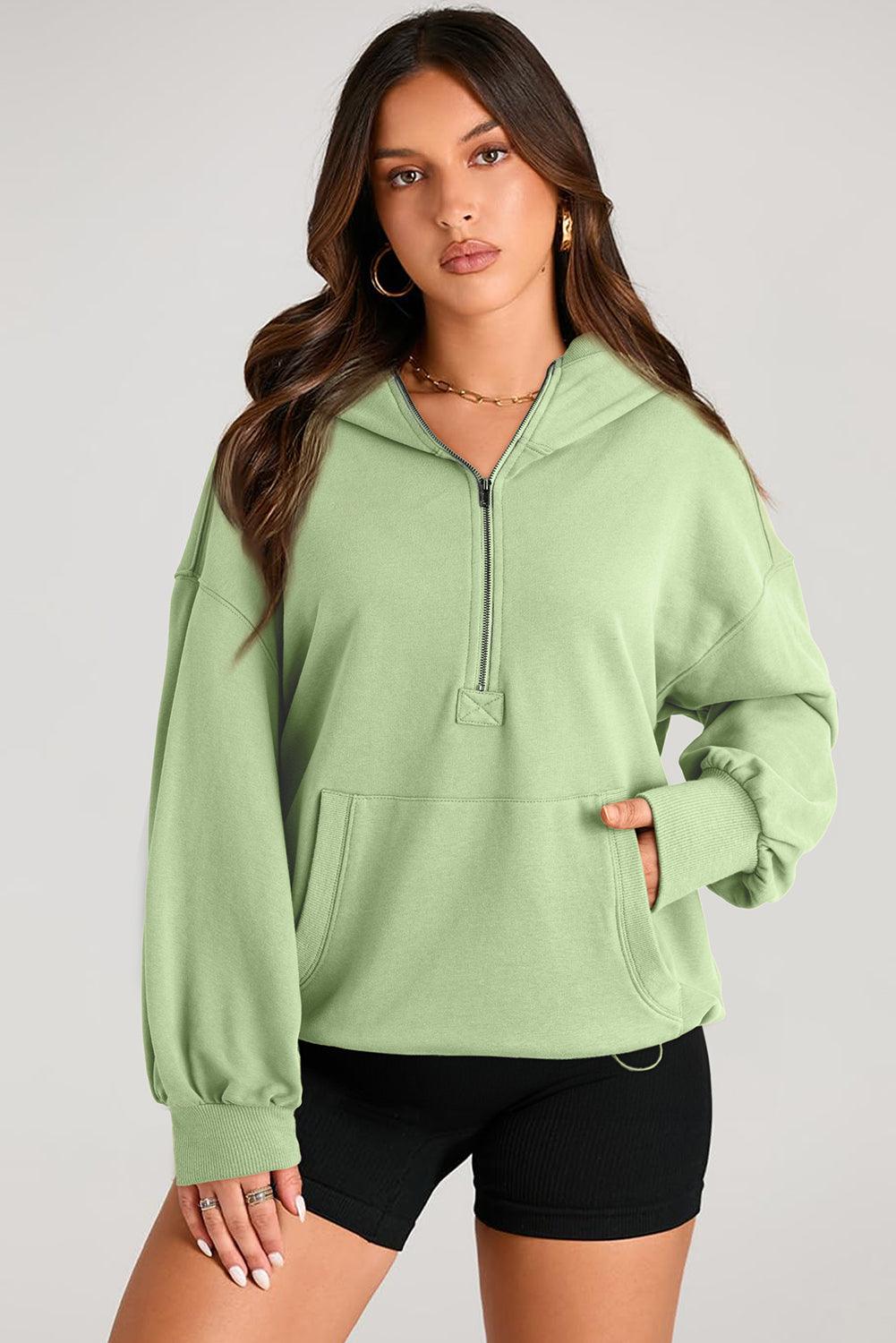 Pocketed Half Zip Long Sleeve Hoodie - Bona Fide Fashion