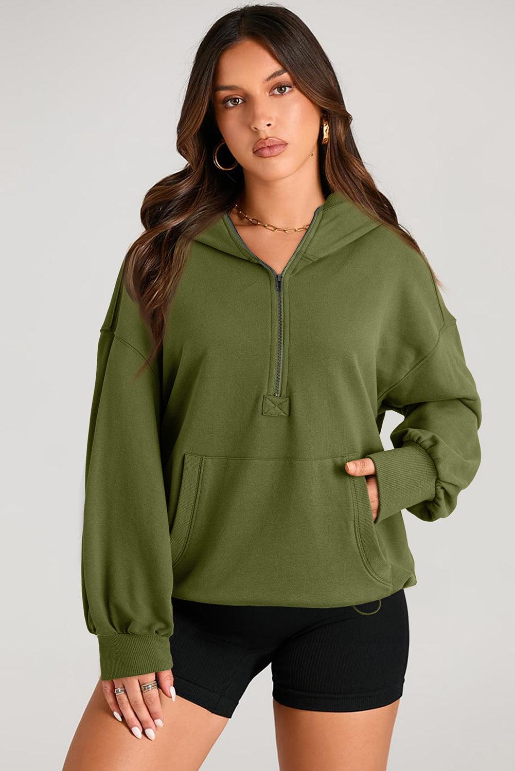 Pocketed Half Zip Long Sleeve Hoodie - Bona Fide Fashion