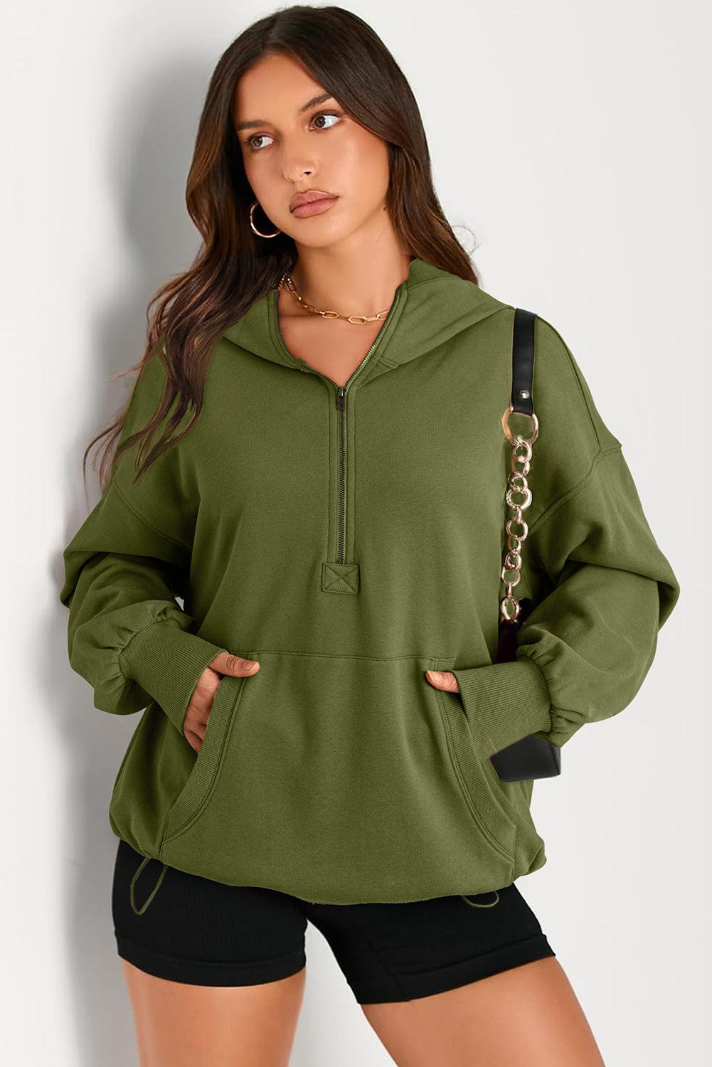 Pocketed Half Zip Long Sleeve Hoodie - Bona Fide Fashion