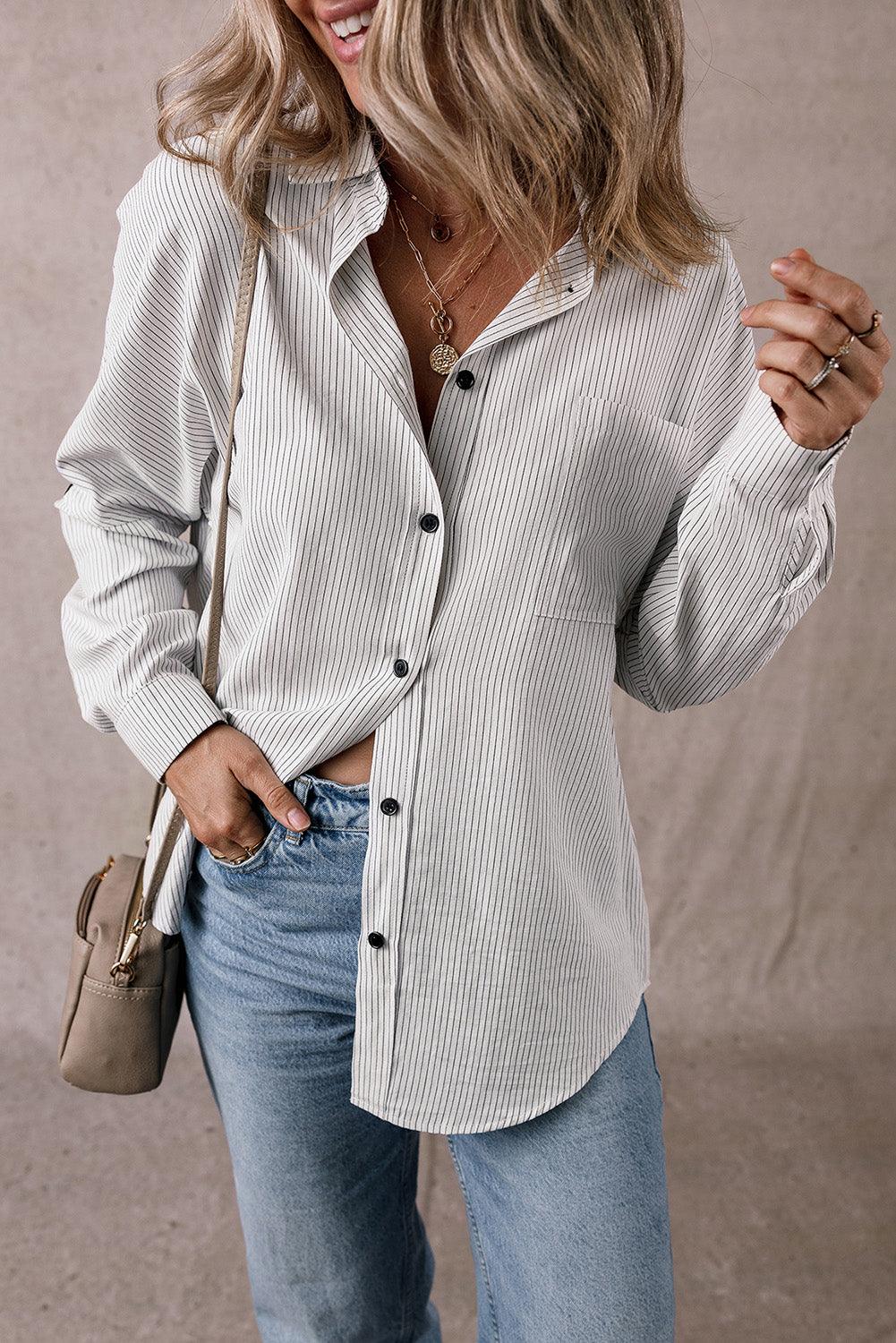 Pocketed Striped Collared Neck Long Sleeve Shirt - Bona Fide Fashion