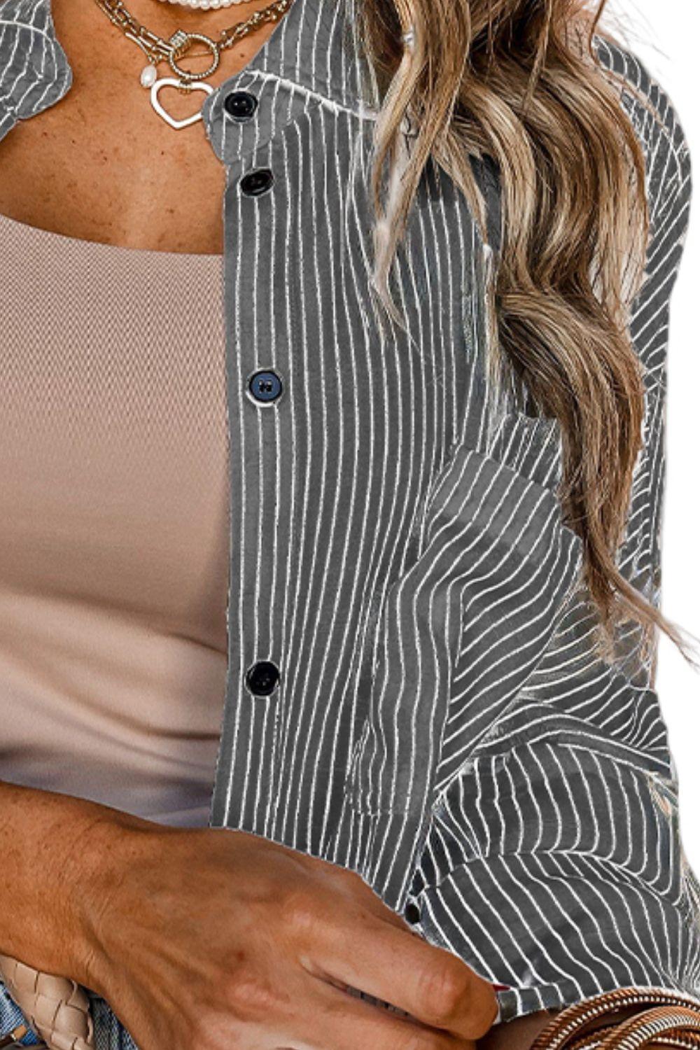 Pocketed Striped Collared Neck Long Sleeve Shirt - Bona Fide Fashion