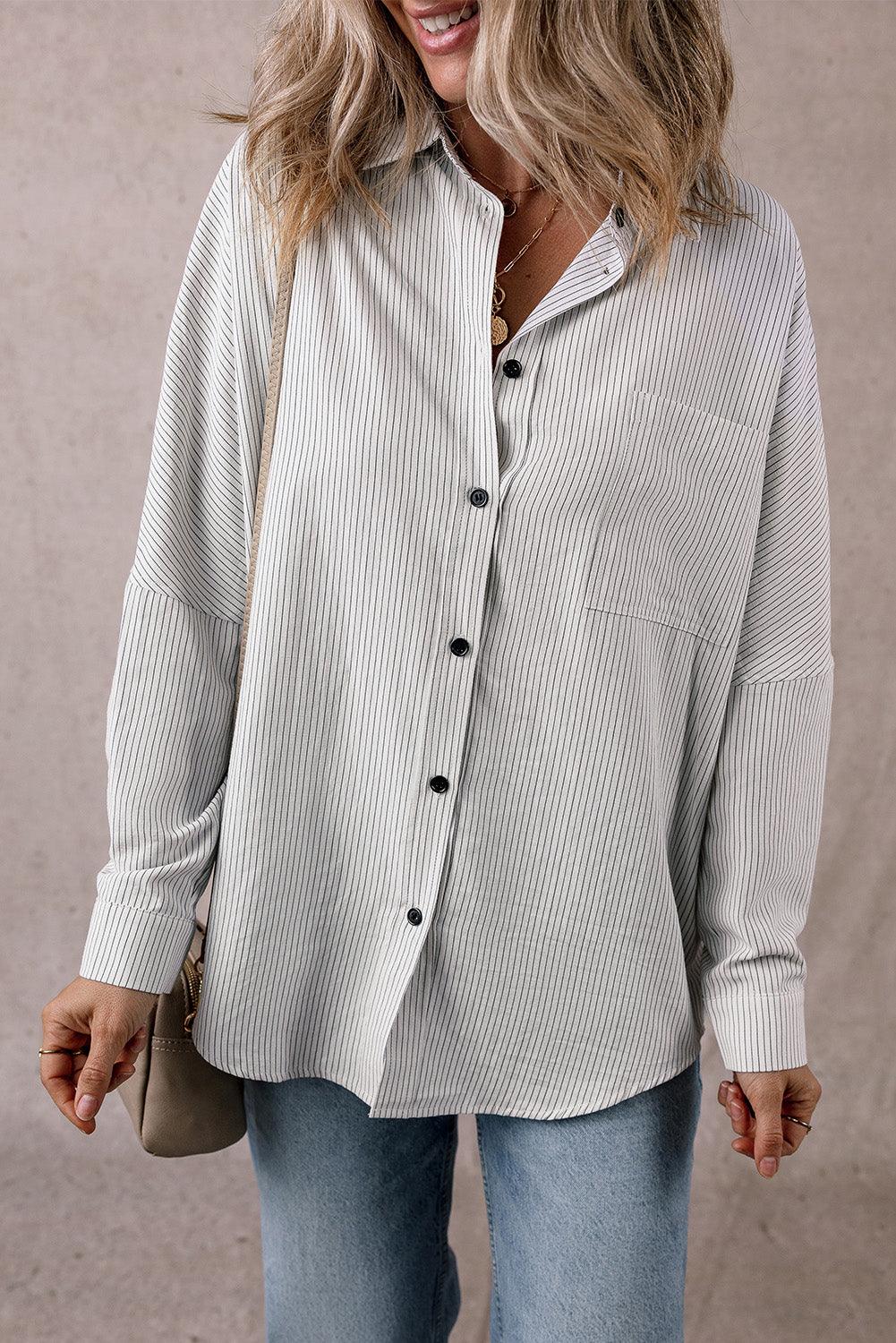 Pocketed Striped Collared Neck Long Sleeve Shirt - Bona Fide Fashion