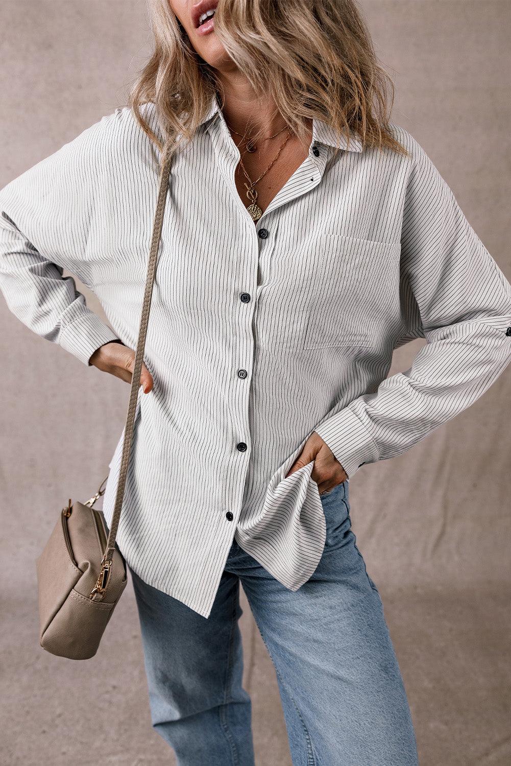 Pocketed Striped Collared Neck Long Sleeve Shirt - Bona Fide Fashion