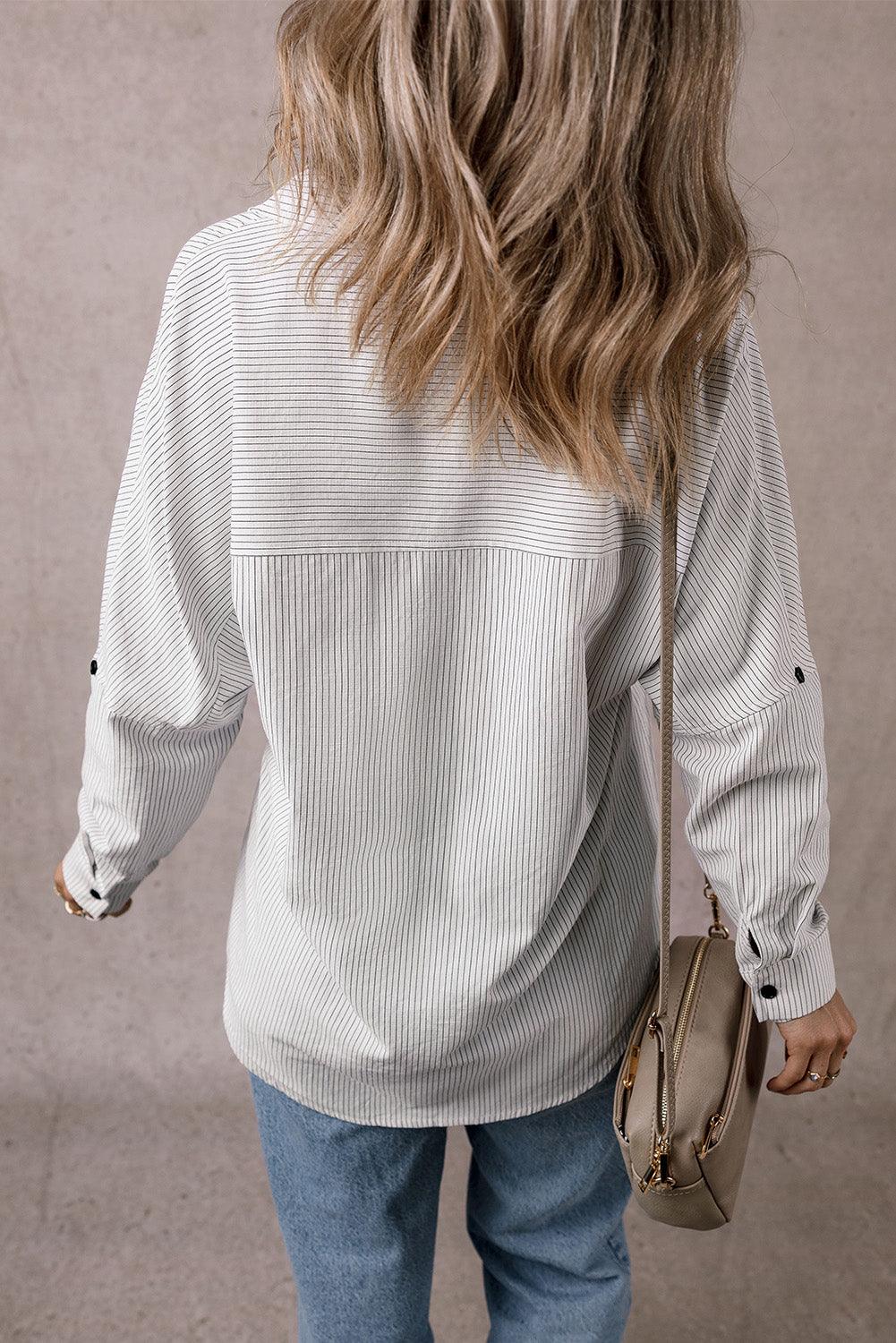 Pocketed Striped Collared Neck Long Sleeve Shirt - Bona Fide Fashion