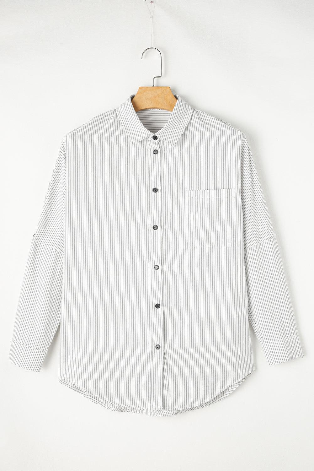 Pocketed Striped Collared Neck Long Sleeve Shirt - Bona Fide Fashion