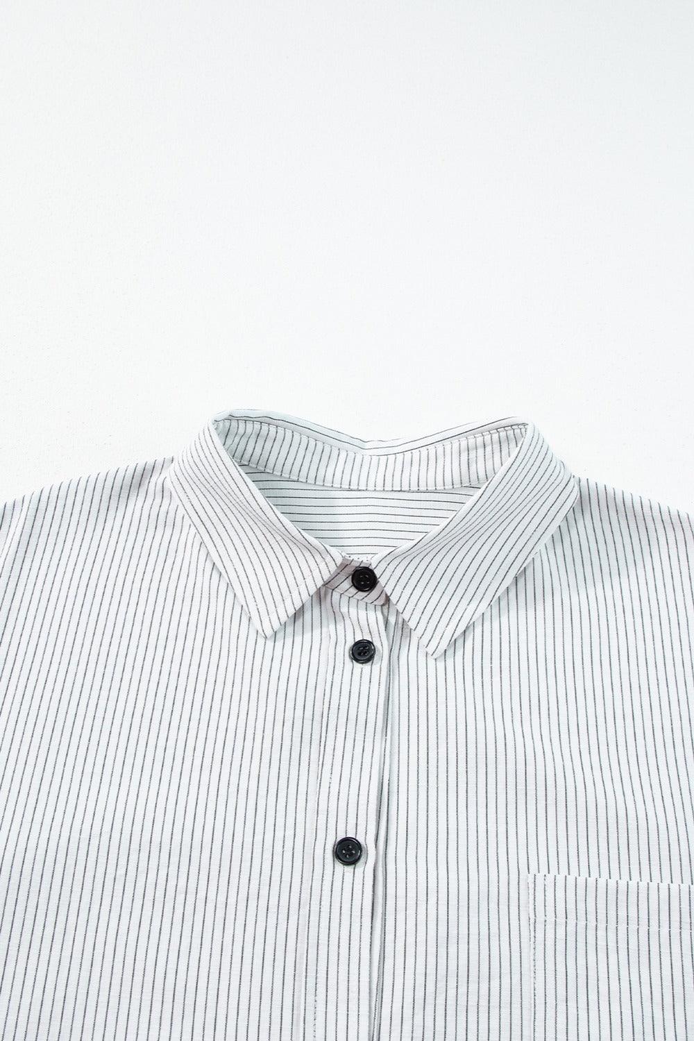 Pocketed Striped Collared Neck Long Sleeve Shirt - Bona Fide Fashion