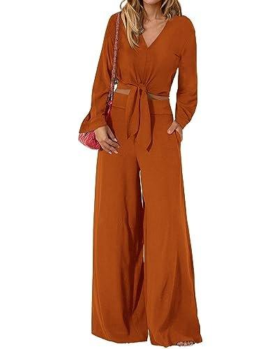 PRETTYGARDEN 2 Piece Outfits for Women Trendy Soft Cropped Tops Wide Leg Pant Sets Fall Matching Sets for Work Business(Solid Brown Orange,Medium) - Bona Fide Fashion