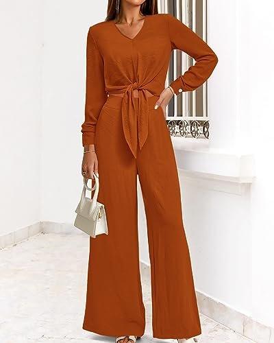 PRETTYGARDEN 2 Piece Outfits for Women Trendy Soft Cropped Tops Wide Leg Pant Sets Fall Matching Sets for Work Business(Solid Brown Orange,Medium) - Bona Fide Fashion