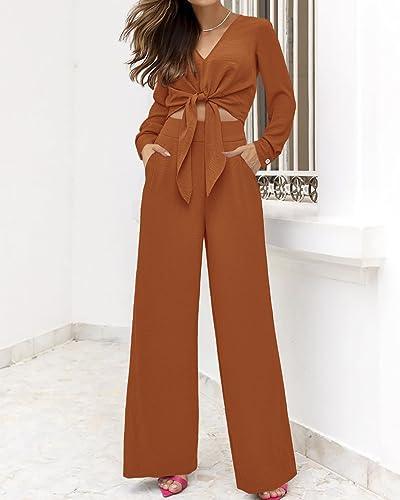 PRETTYGARDEN 2 Piece Outfits for Women Trendy Soft Cropped Tops Wide Leg Pant Sets Fall Matching Sets for Work Business(Solid Brown Orange,Medium) - Bona Fide Fashion