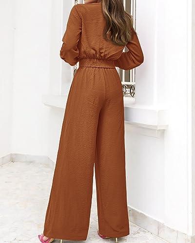PRETTYGARDEN 2 Piece Outfits for Women Trendy Soft Cropped Tops Wide Leg Pant Sets Fall Matching Sets for Work Business(Solid Brown Orange,Medium) - Bona Fide Fashion