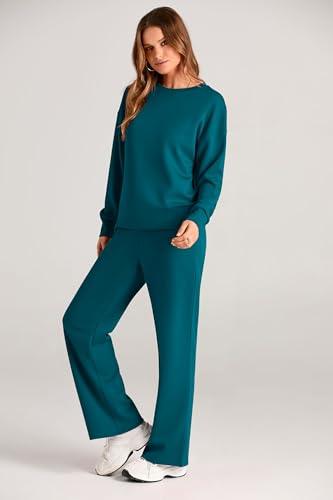 PRETTYGARDEN Women's 2023 Fall Fashion Clothes Casual 2 Piece Outfits Long Sleeve Pullover Tops And Long Pants Sets (Blue Green,X-Large) - Bona Fide Fashion