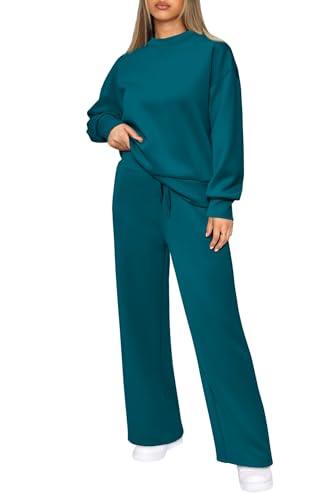 PRETTYGARDEN Women's 2023 Fall Fashion Clothes Casual 2 Piece Outfits Long Sleeve Pullover Tops And Long Pants Sets (Blue Green,X-Large) - Bona Fide Fashion