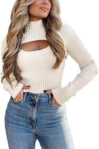 PRETTYGARDEN Women's 2023 Fashion Fall Clothes 2 Piece Cutout Tops Long Sleeve Mock Neck Rib Knit Winter Pullover Sweater (Beige White,Small) - Bona Fide Fashion