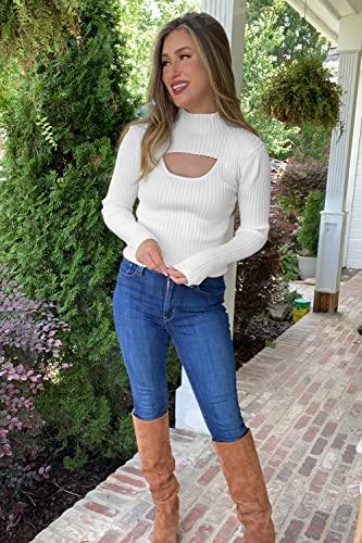 PRETTYGARDEN Women's 2023 Fashion Fall Clothes 2 Piece Cutout Tops Long Sleeve Mock Neck Rib Knit Winter Pullover Sweater (Beige White,Small) - Bona Fide Fashion