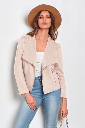 PRETTYGARDEN Women's Faux Suede Jackets 2023 Fall Clothes Long Sleeve Open Front Cropped Coat Outwear (Beige Apricot,Large) - Bona Fide Fashion
