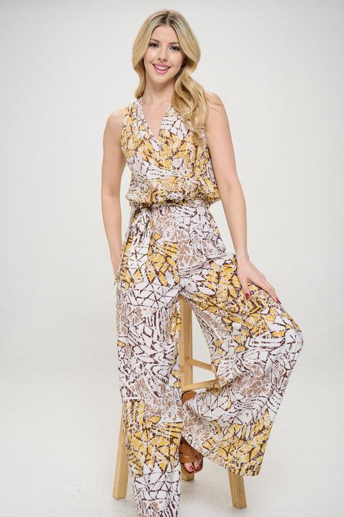 Print V neck Sleeveless Jumpsuit with Tie - Bona Fide Fashion