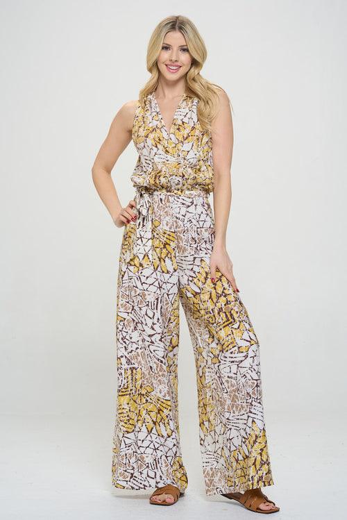 Print V neck Sleeveless Jumpsuit with Tie - Bona Fide Fashion