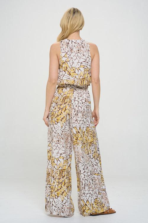 Print V neck Sleeveless Jumpsuit with Tie - Bona Fide Fashion