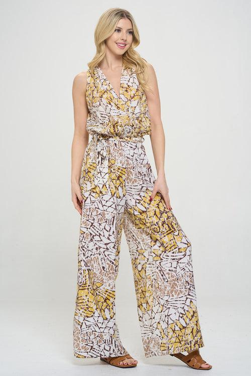 Print V neck Sleeveless Jumpsuit with Tie - Bona Fide Fashion