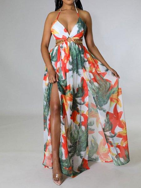 Printed Backless Side Slit Halter Dress H6VE68KF2Ki - Bona Fide Fashion