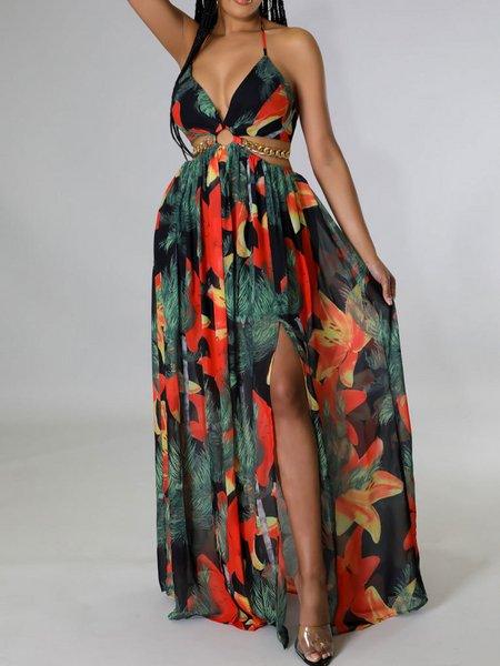 Printed Backless Side Slit Halter Dress H6VE68KF2Ki - Bona Fide Fashion
