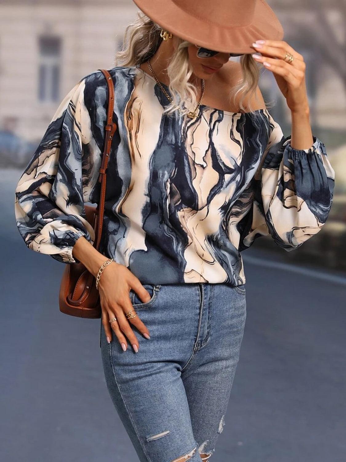 Printed Boat Neck Blouse - Bona Fide Fashion