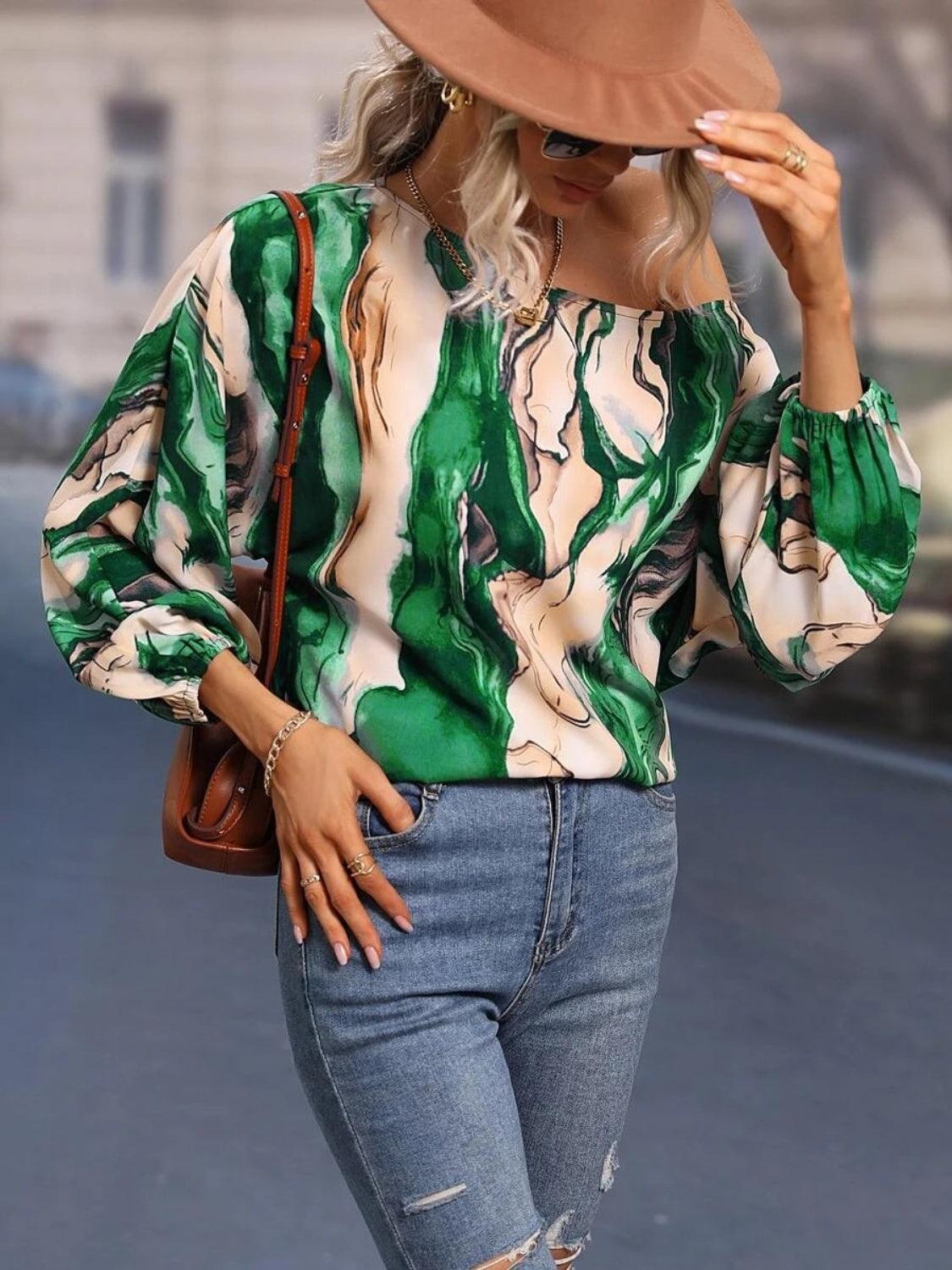 Printed Boat Neck Blouse - Bona Fide Fashion