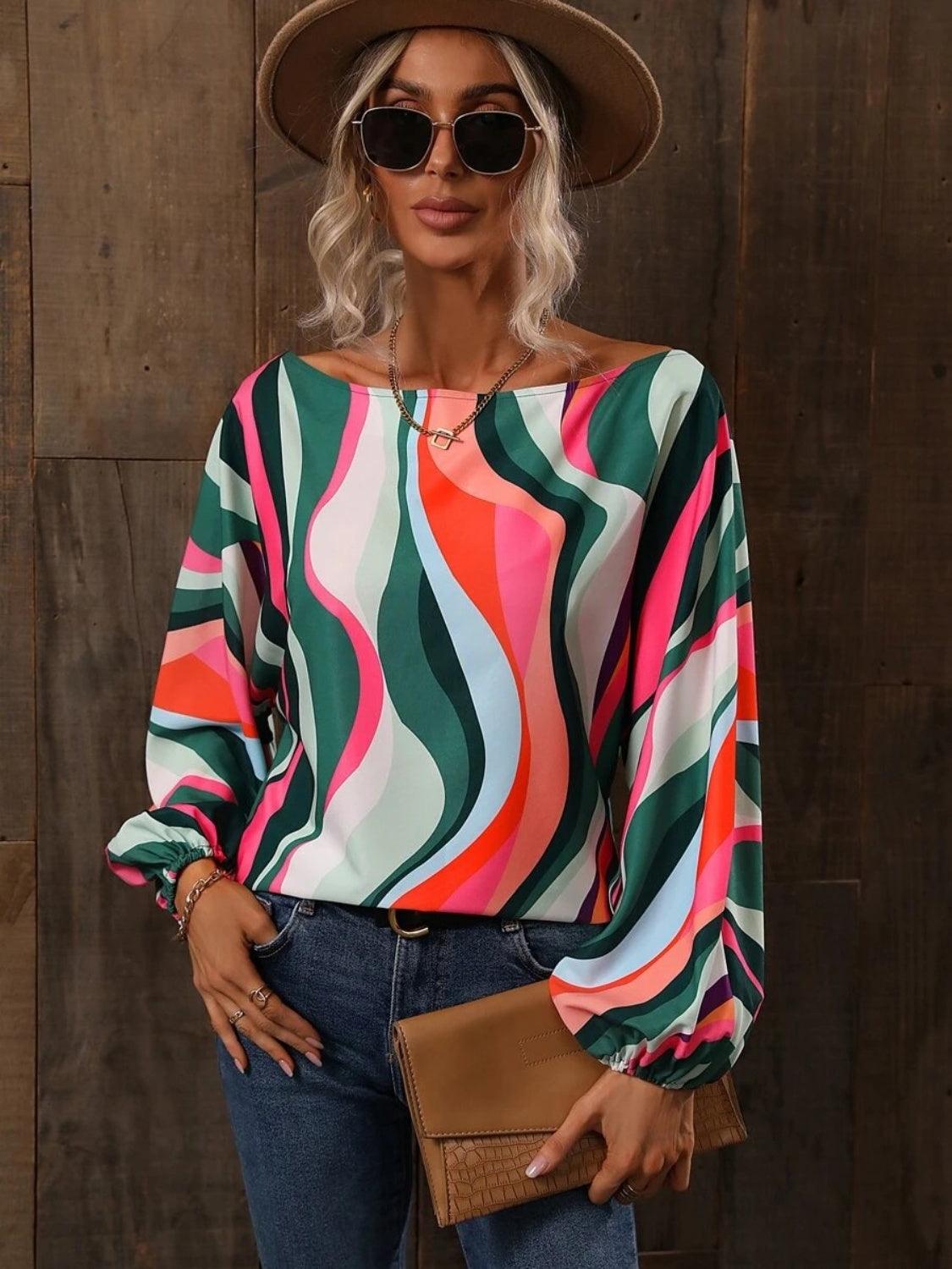 Printed Boat Neck Blouse - Bona Fide Fashion