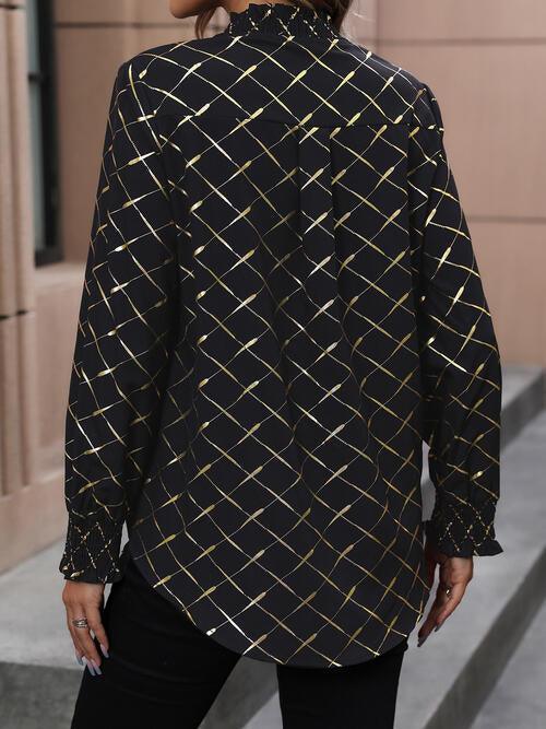 Printed Notched Long Sleeve Blouse - Bona Fide Fashion