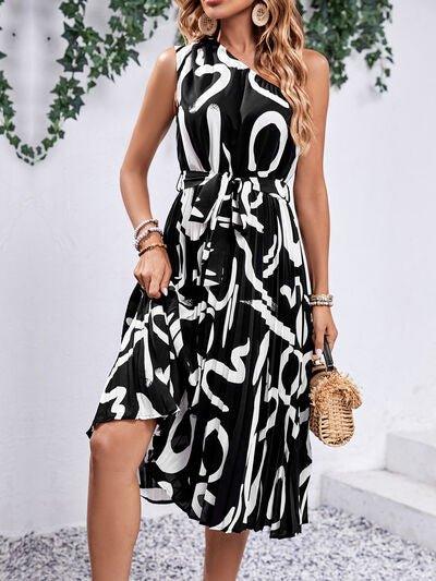 Printed Single Shoulder Tie Waist Dress - Bona Fide Fashion