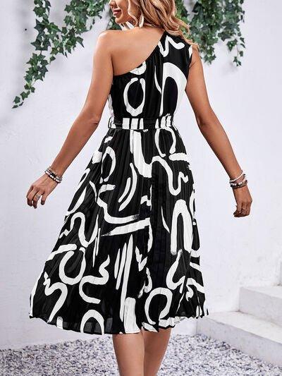 Printed Single Shoulder Tie Waist Dress - Bona Fide Fashion