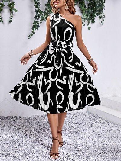 Printed Single Shoulder Tie Waist Dress - Bona Fide Fashion