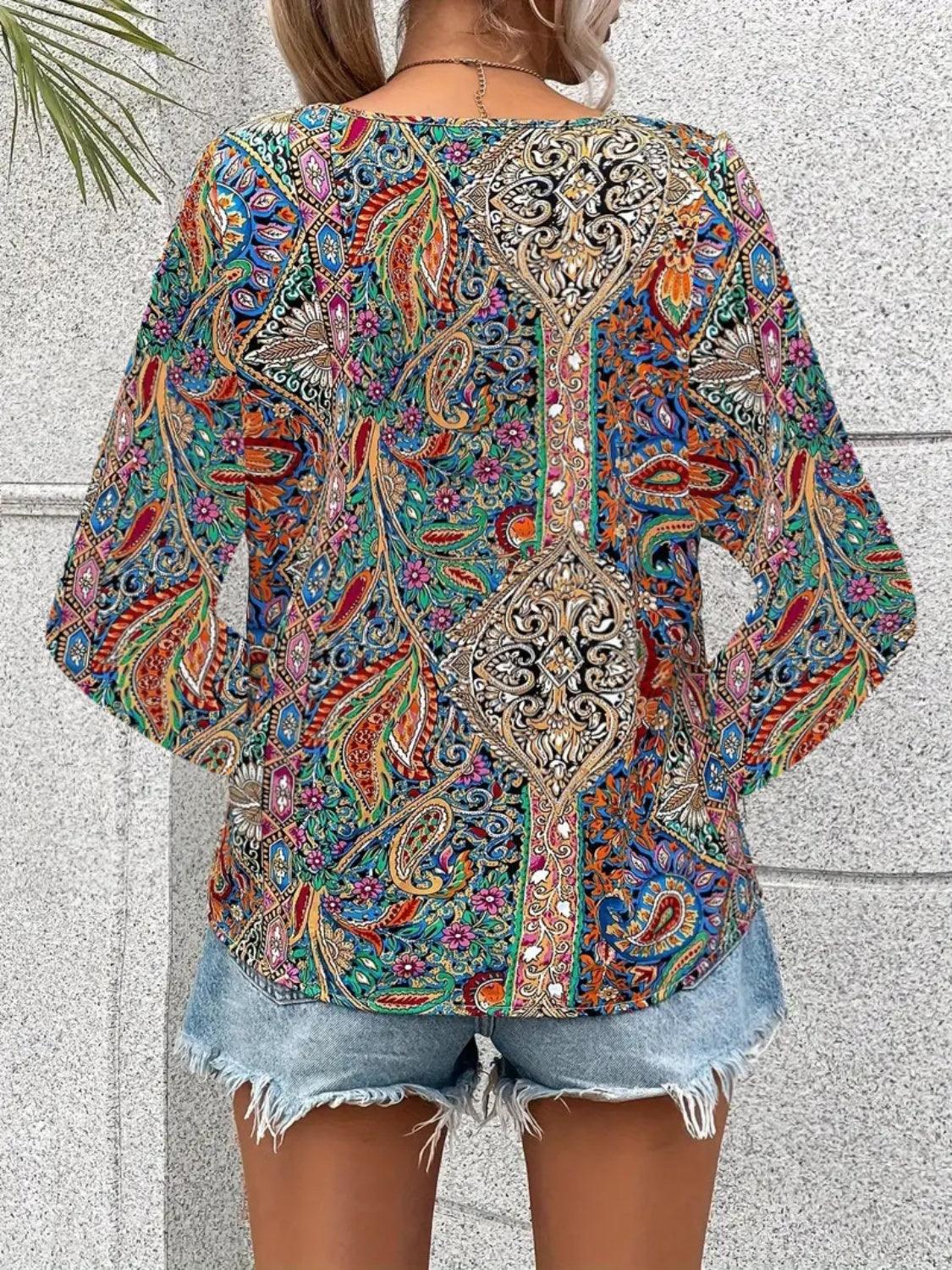 Printed V-Neck Long Sleeve Blouse - Bona Fide Fashion