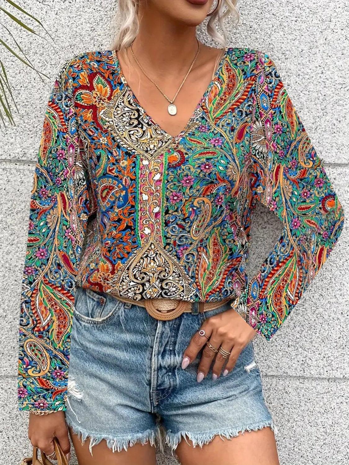 Printed V-Neck Long Sleeve Blouse - Bona Fide Fashion