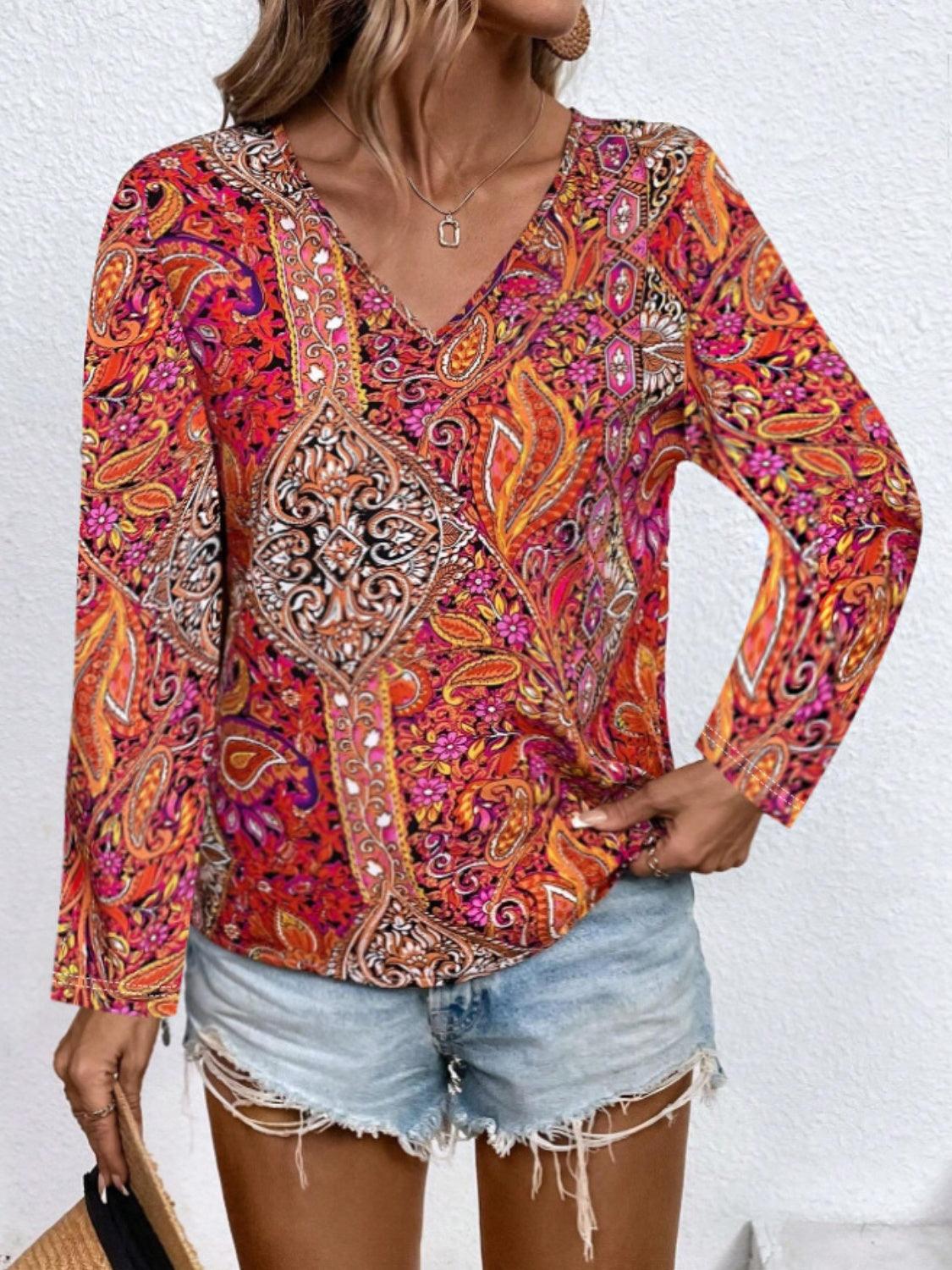 Printed V-Neck Long Sleeve Blouse - Bona Fide Fashion