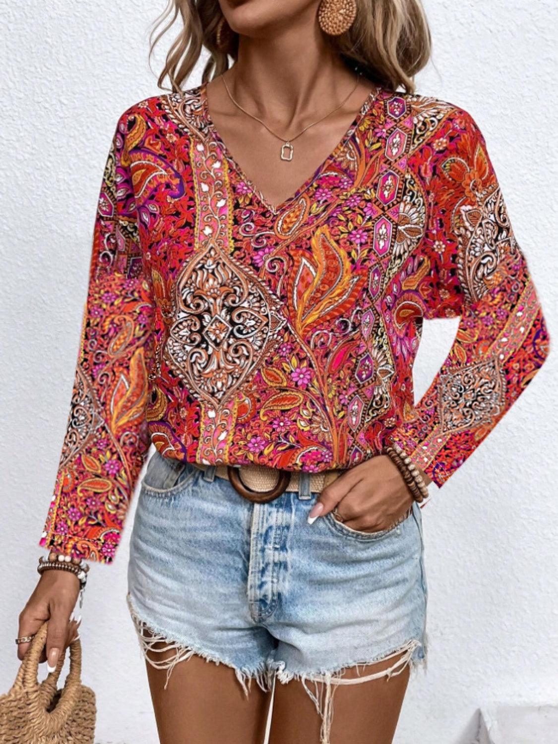 Printed V-Neck Long Sleeve Blouse - Bona Fide Fashion