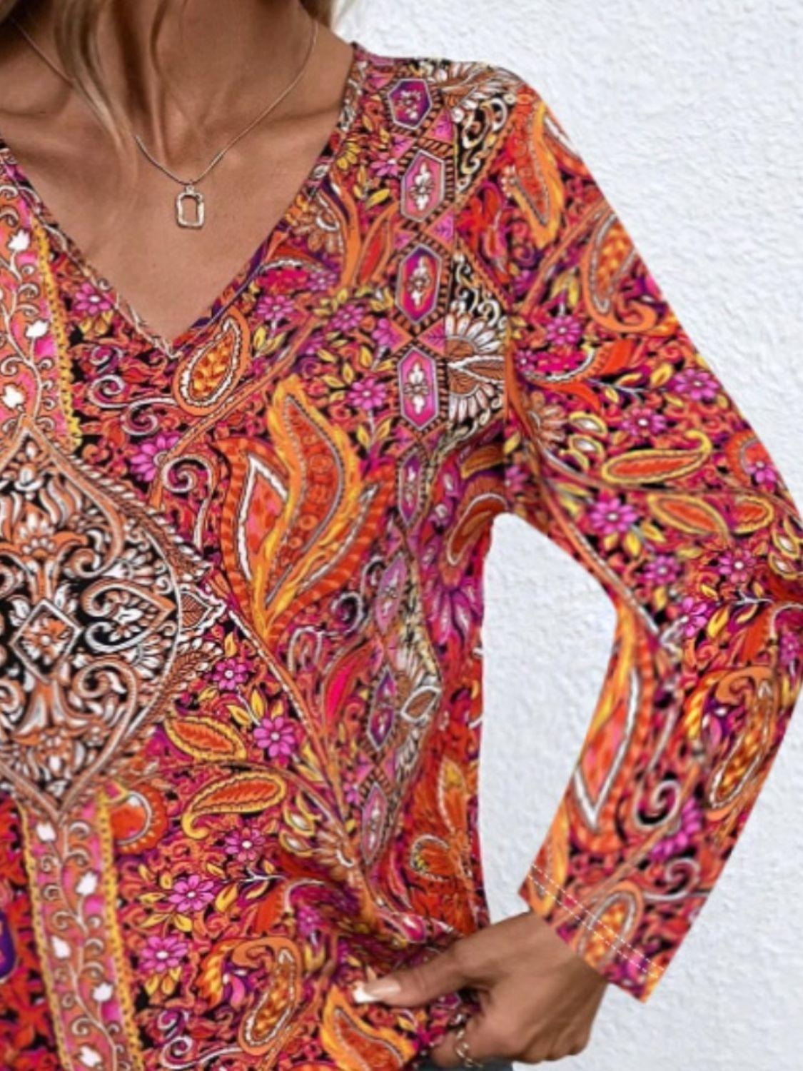 Printed V-Neck Long Sleeve Blouse - Bona Fide Fashion