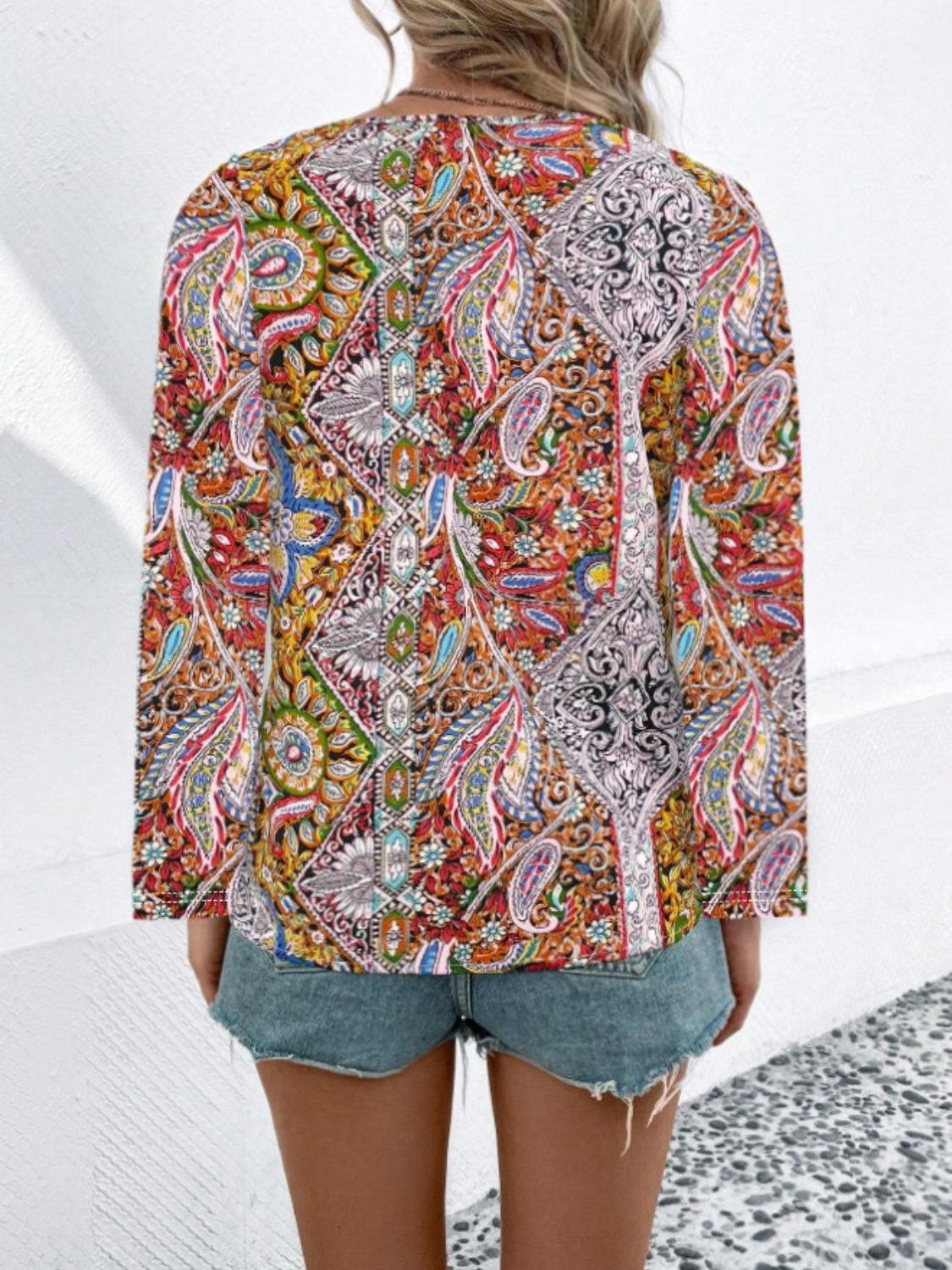 Printed V-Neck Long Sleeve Blouse - Bona Fide Fashion