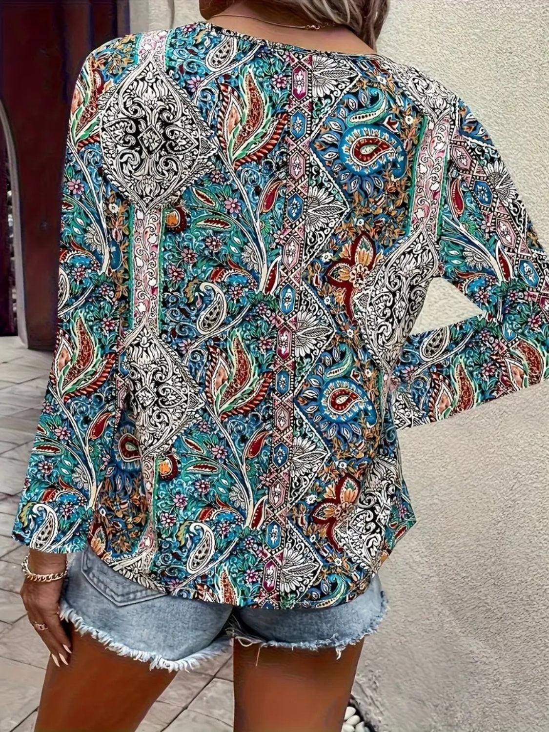 Printed V-Neck Long Sleeve Blouse - Bona Fide Fashion