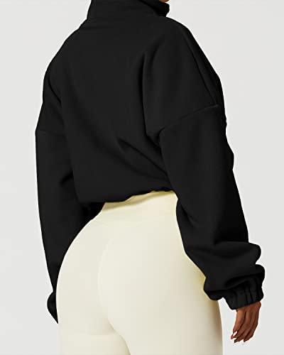 QINSEN Women's Full Zip Fleece Short Jacket Warm Winter Long Sleeve Stand Collar Sherpa Crop Coat Black S - Bona Fide Fashion