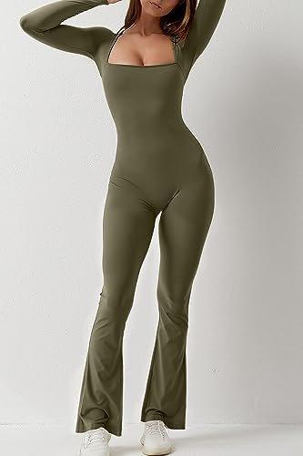 QINSEN Women's Long Sleeve Wide Led Jumpsuit Seamless Long Pants Bodysuit Romper Olive Green L - Bona Fide Fashion
