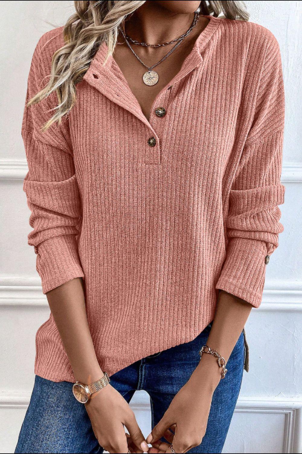 Quarter Button Round Neck Dropped Shoulder Knit Top - Bona Fide Fashion