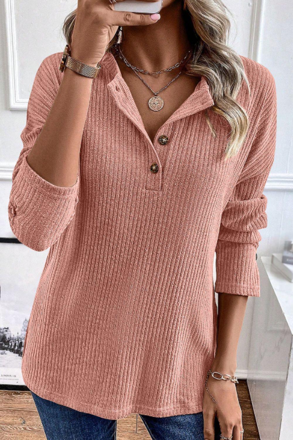 Quarter Button Round Neck Dropped Shoulder Knit Top - Bona Fide Fashion